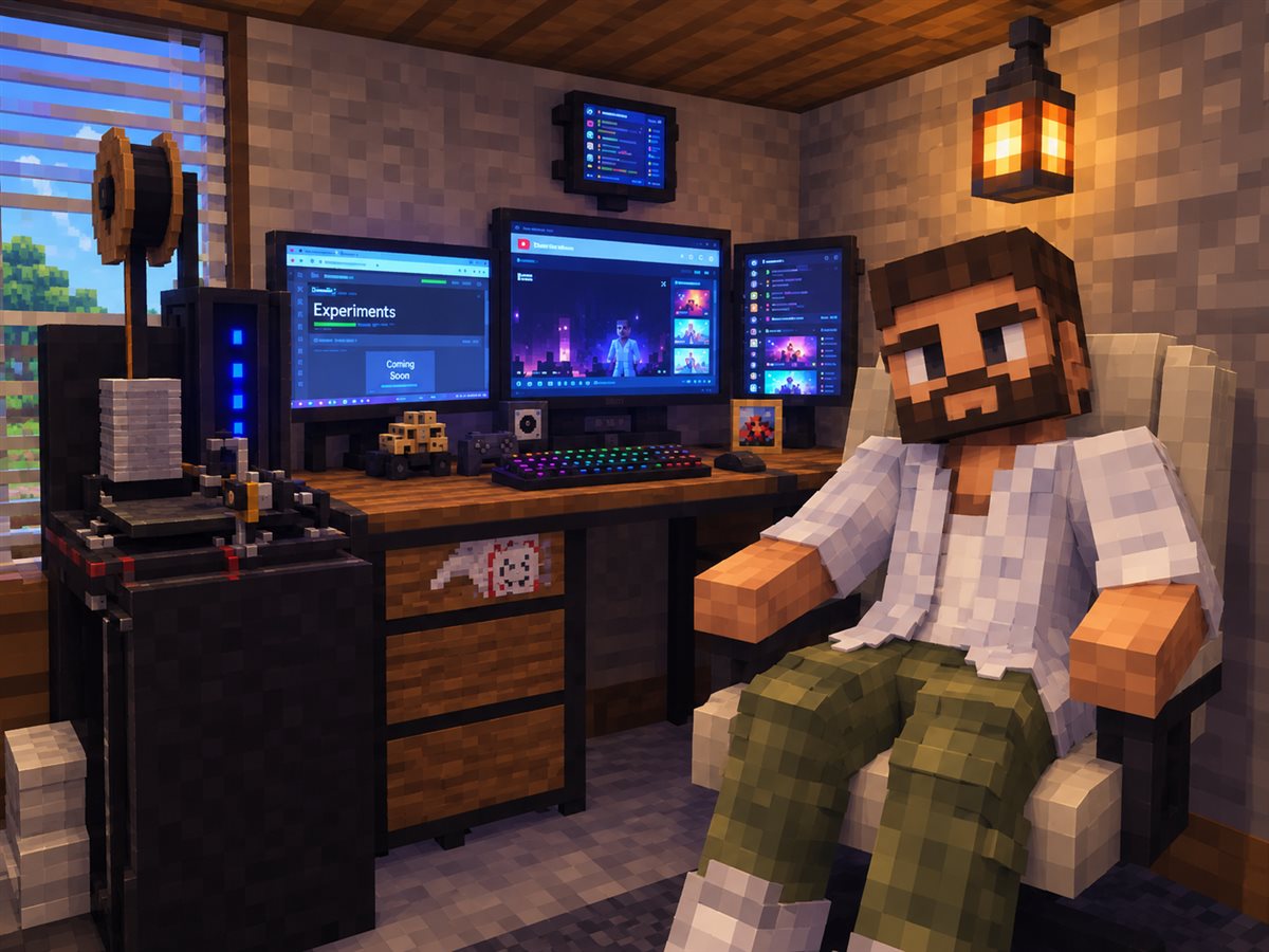 Eu como personagem de Minecraft, sentado na minha mesa em frente a três monitores